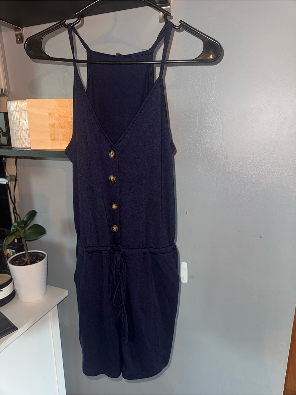 Navy V-Neck Button Romper with Drawstring Waist